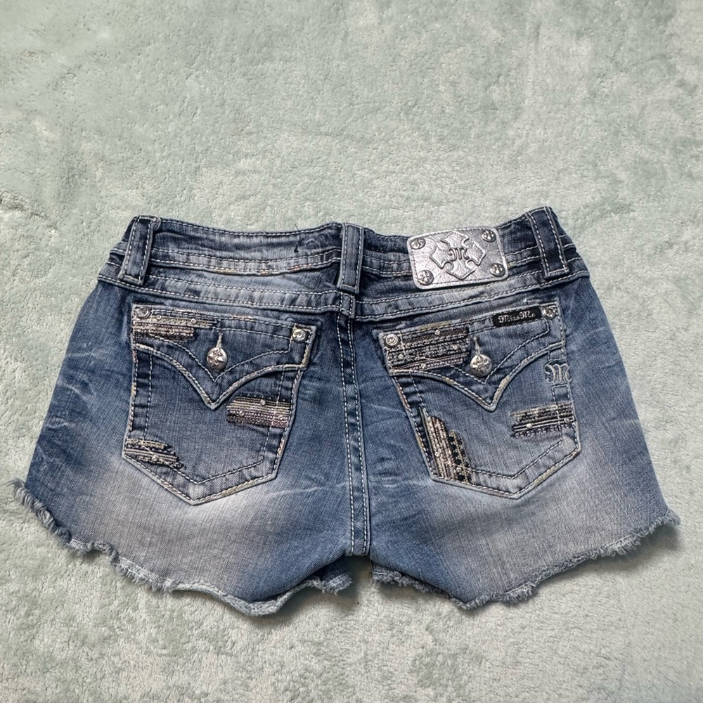 Miss Me Blue Distressed Denim Shorts with Embellished Pockets